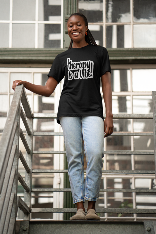 T-Shirt — "Therapy Is a Vibe" Retro Script Tee