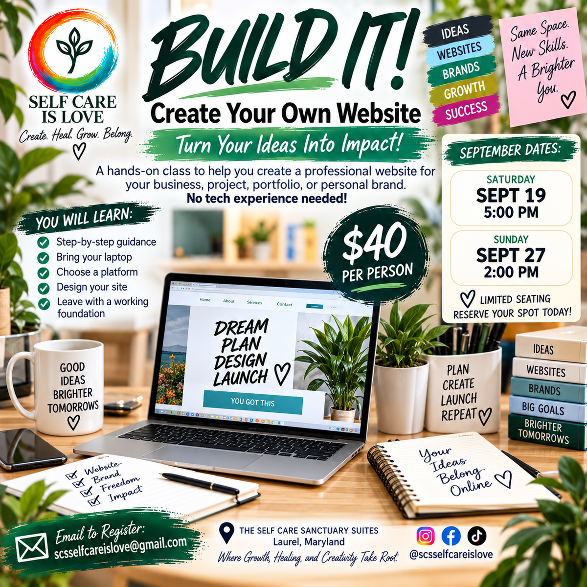 Build It! Create Your Own Website class, September 19 at 5 PM and September 27 at 2 PM, $40 per person