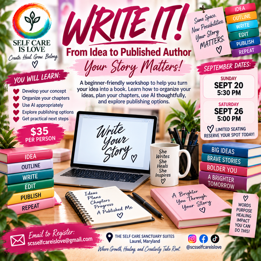 Write It! From Idea to Published Author class, September 20 at 5:30 PM and September 26 at 5 PM, $35 per person