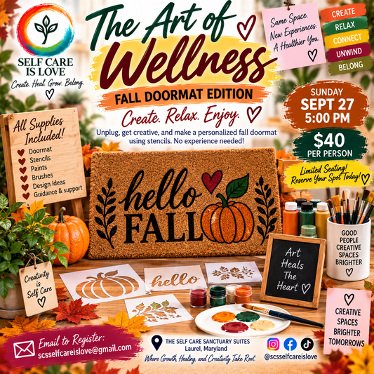 The Art of Wellness Fall Doormat Edition class, Sunday September 27 at 5 PM, $40 per person, all supplies included